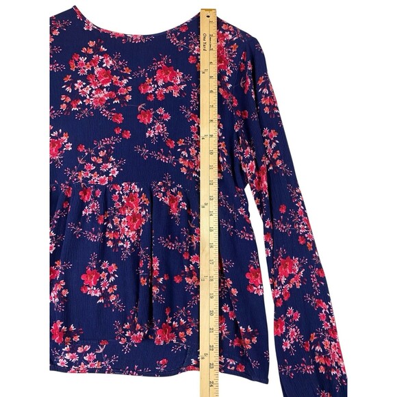 Roebuck & Co Womens Floral Peplum Top M Navy Pink Long Sleeve Tie Cuffs Boho - Picture 7 of 9